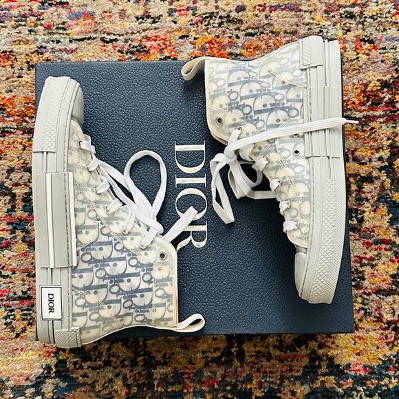 DIOR B23 White Grey Dior Oblique Mesh Canvas High Top Sneakers - Picture 7 of 10